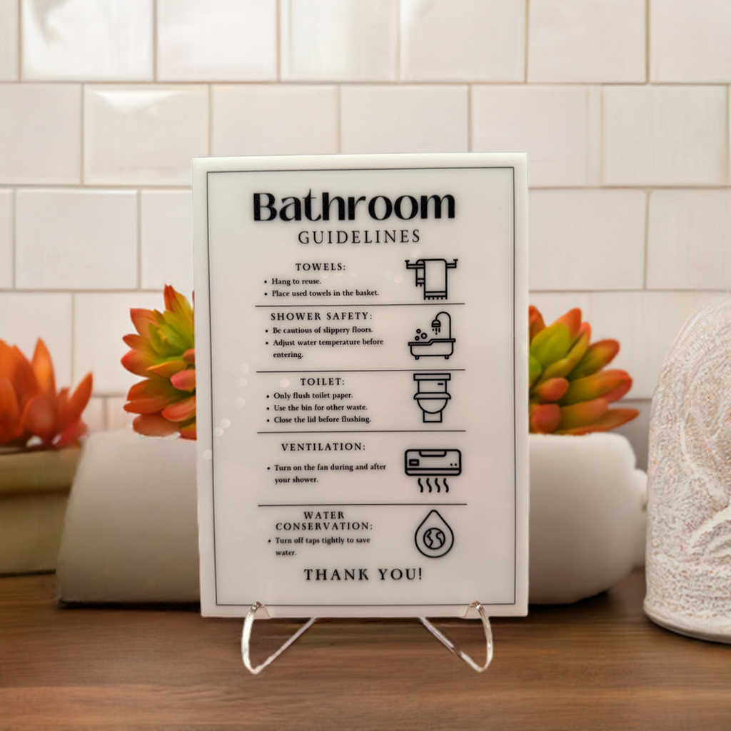 Bathroom Guidelines - Vacation Rental House Rules Signs, 5x7 inch Acrylic Signs (Design 17)