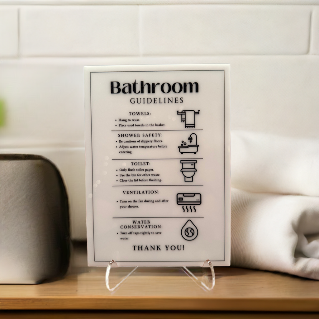 Bathroom Guidelines - Vacation Rental House Rules Signs, 5x7 inch Acrylic Signs (Design 17)