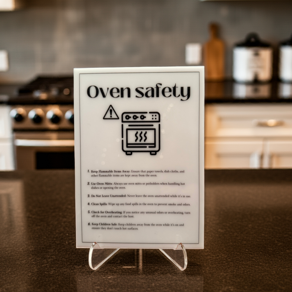 Oven Safety - Vacation Rental House Rules Signs, 5x7 inch Acrylic Signs (Design 31)