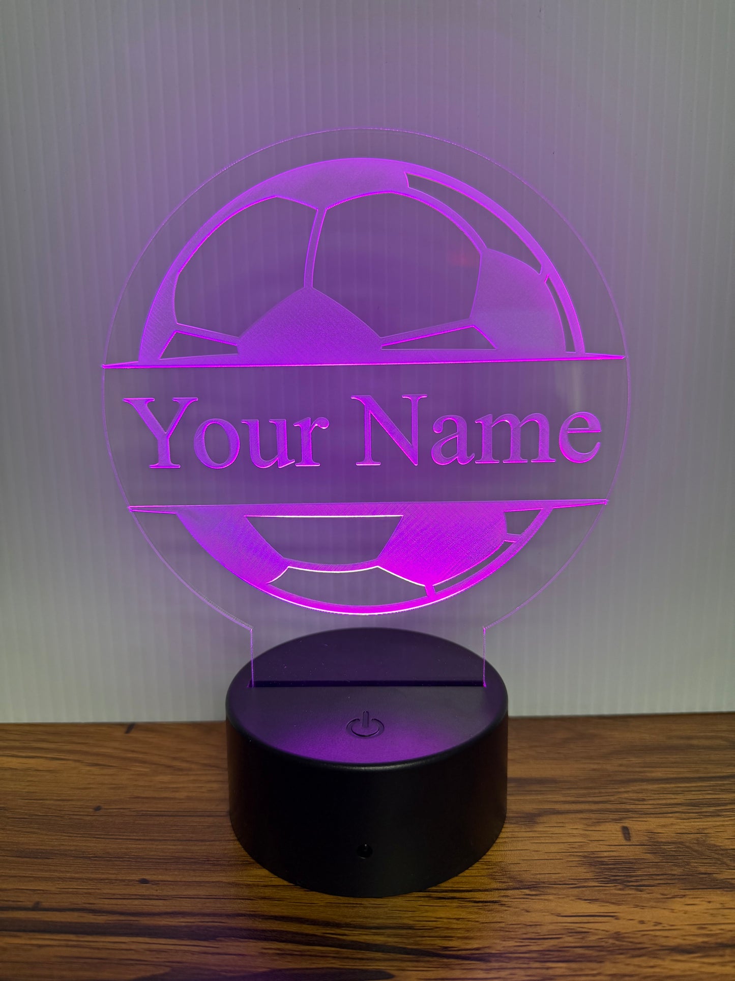 Custom Soccer LED 6"x6” Round Acrylic Table Sign. Wireless Remote Included.