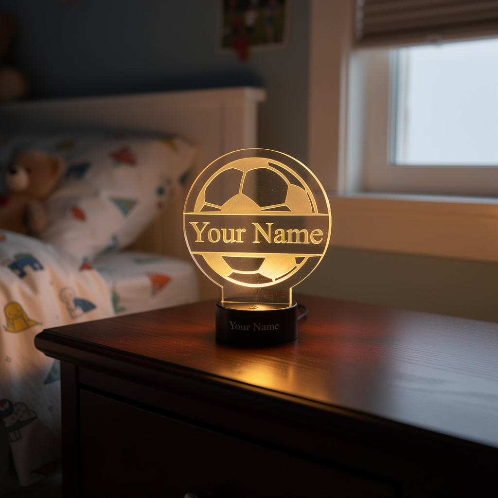 Custom Soccer LED 6"x6” Round Acrylic Table Sign. Wireless Remote Included.