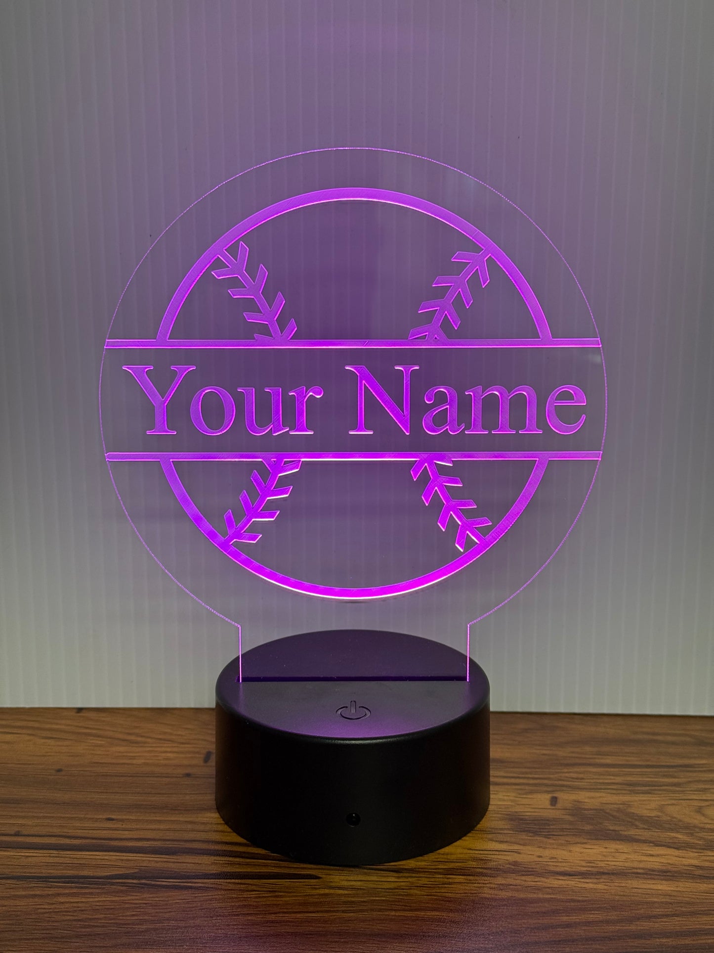 Custom Baseball LED 6"x6” Round Acrylic Table Sign. Wireless Remote Included.