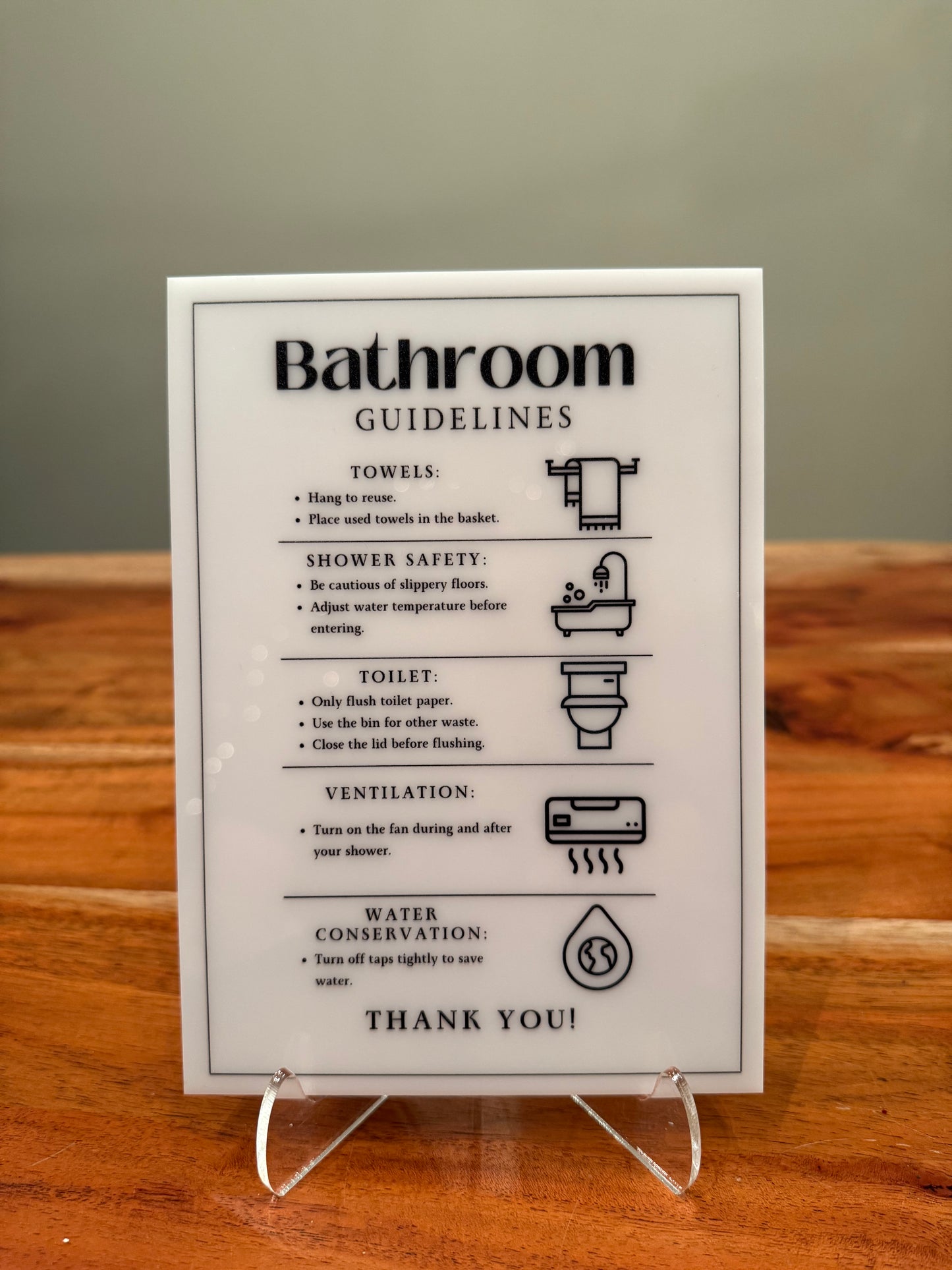 Bathroom Guidelines - Vacation Rental House Rules Signs, 5x7 inch Acrylic Signs (Design 17)