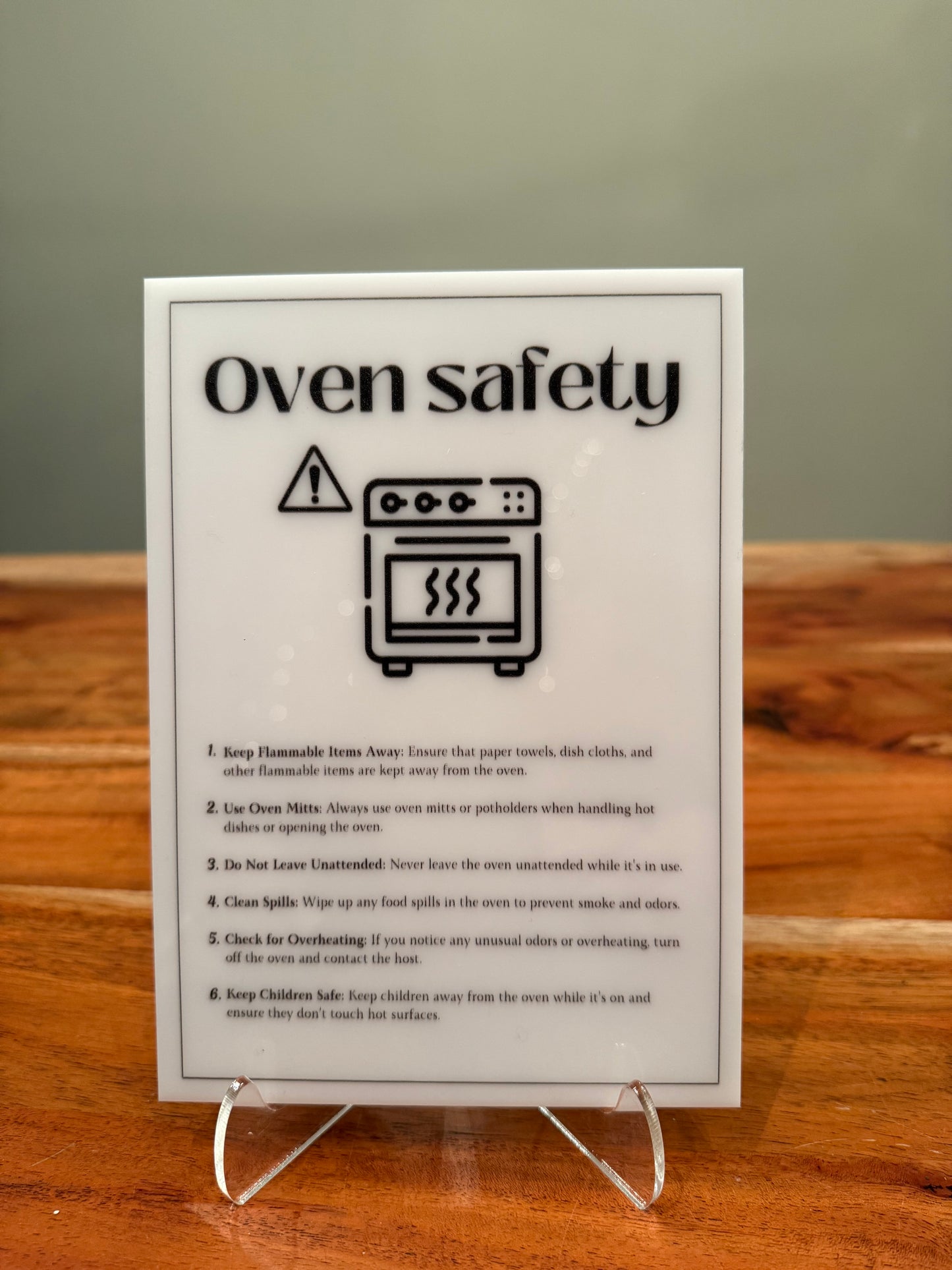 Oven Safety - Vacation Rental House Rules Signs, 5x7 inch Acrylic Signs (Design 31)