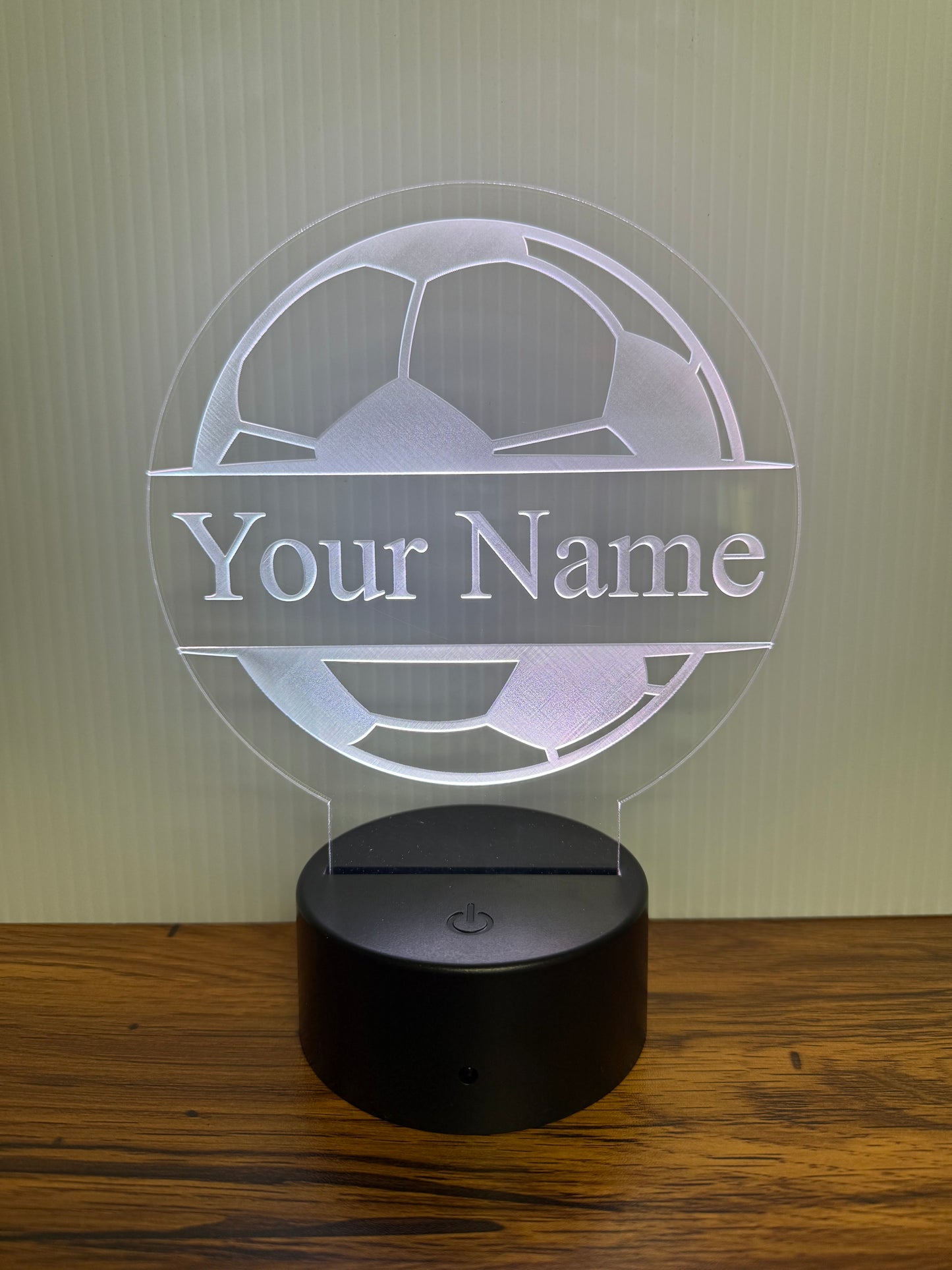 Custom Soccer LED 6"x6” Round Acrylic Table Sign. Wireless Remote Included.