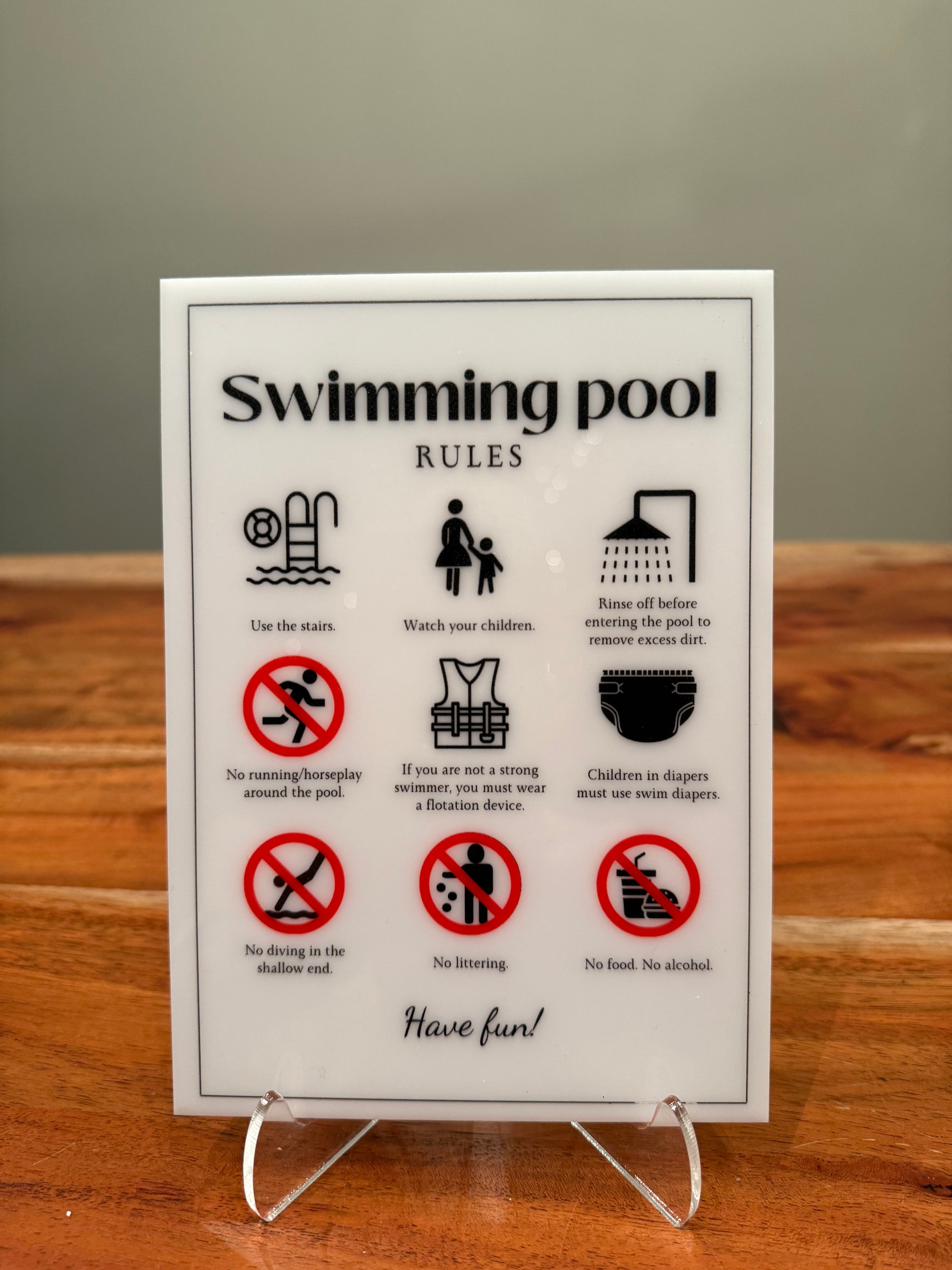 Swimming Pool Rules - Vacation Rental House Rules Signs, 5x7 inch Acrylic Signs (Design 30) - Professional Artwork