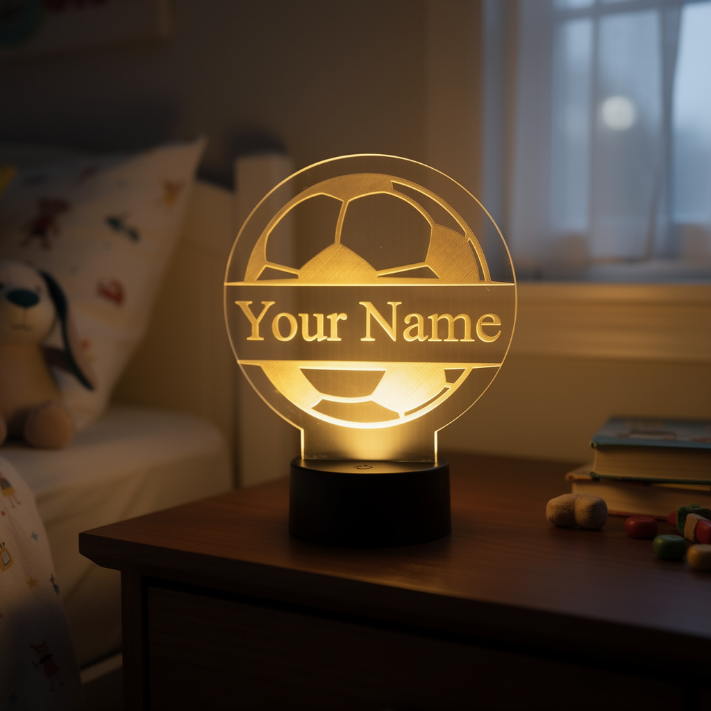 Custom Soccer LED 6"x6” Round Acrylic Table Sign. Wireless Remote Included.