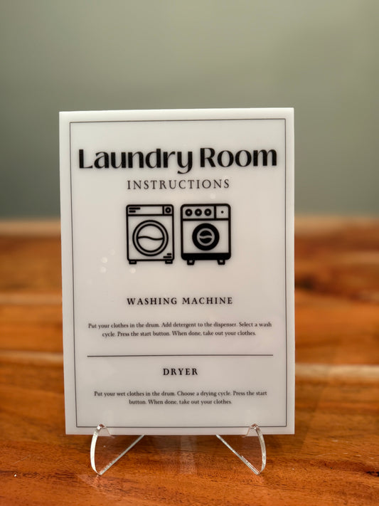 Laundry Room Instructions - Vacation Rental House Rules Signs, 5x7 inch Acrylic Signs (Design 12)