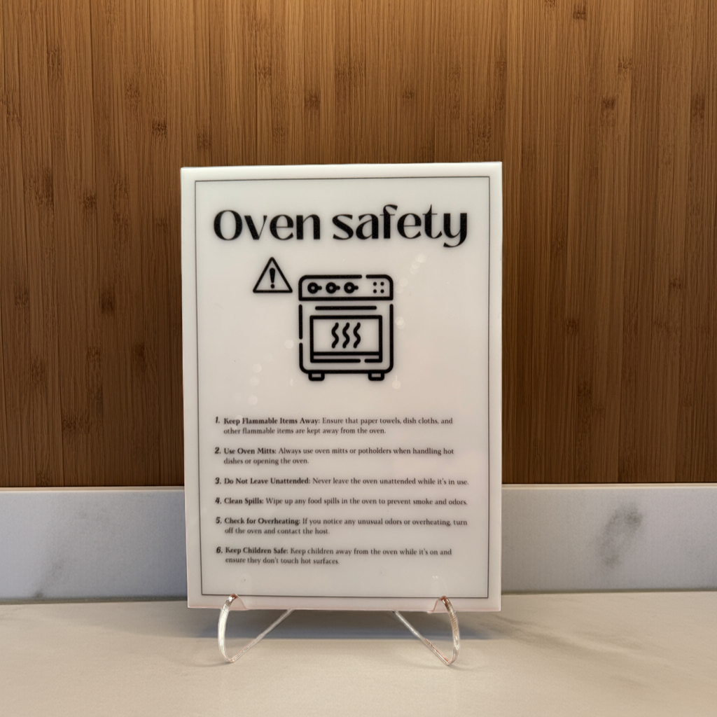 Oven Safety - Vacation Rental House Rules Signs, 5x7 inch Acrylic Signs (Design 31)
