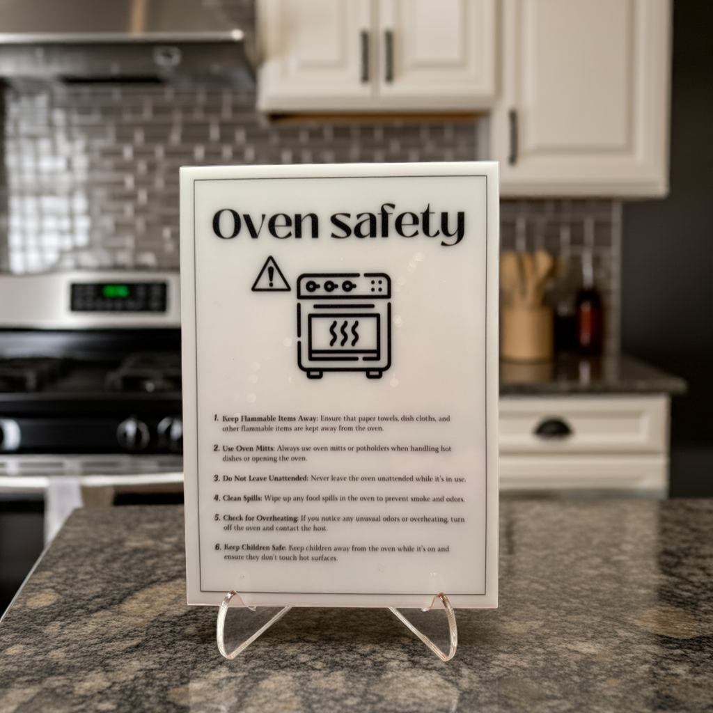 Oven Safety - Vacation Rental House Rules Signs, 5x7 inch Acrylic Signs (Design 31)
