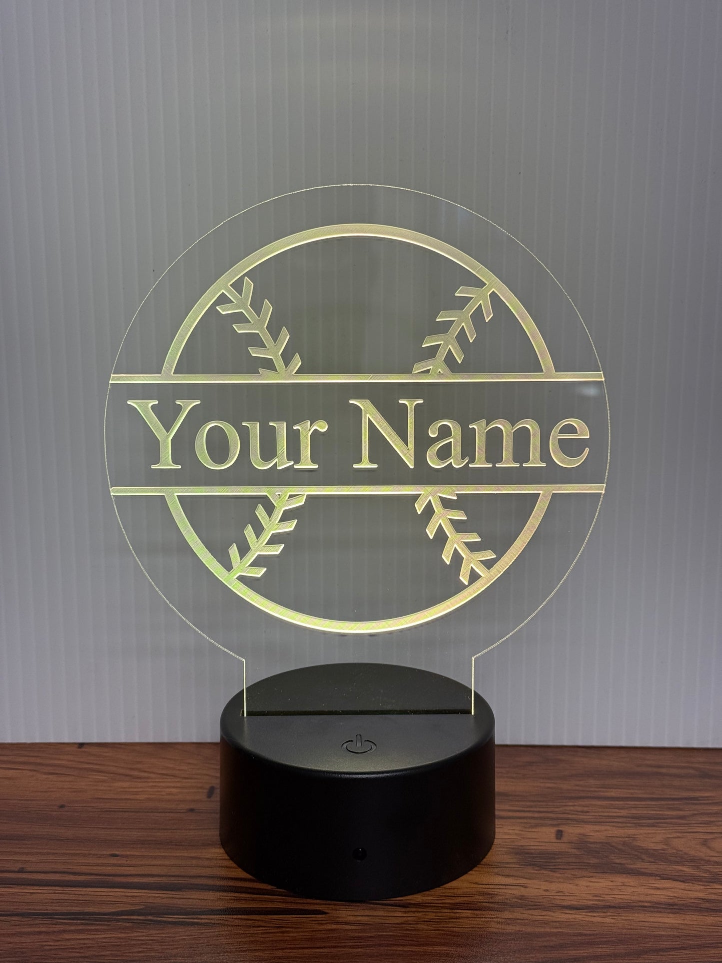 Custom Baseball LED 6"x6” Round Acrylic Table Sign. Wireless Remote Included.