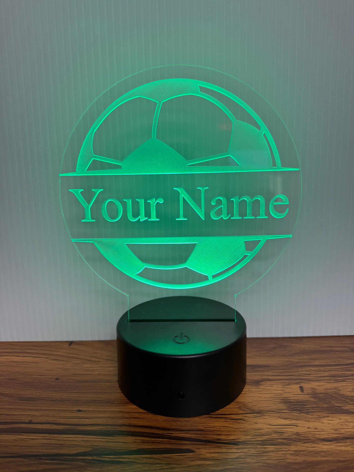 Custom Soccer LED 6"x6” Round Acrylic Table Sign. Wireless Remote Included.