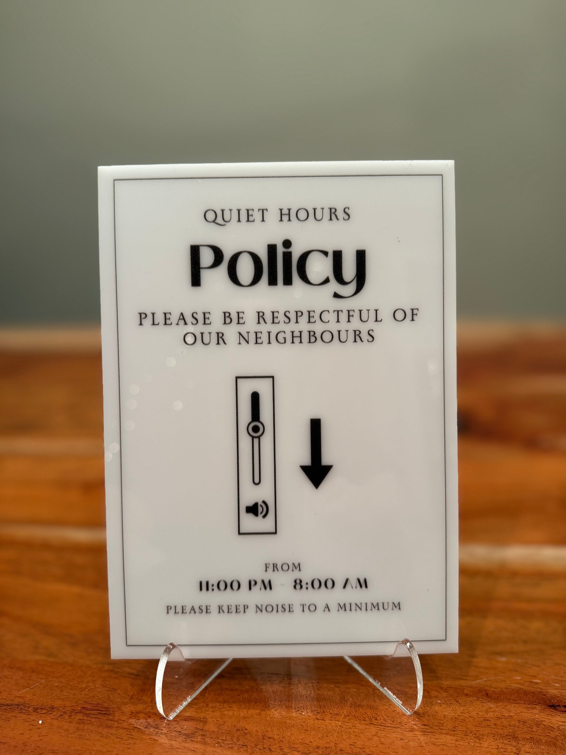 Quiet Hours Policy - Vacation Rental House Rules Signs, 5x7 inch Acrylic Signs (Design 5) - Professional Artwork
