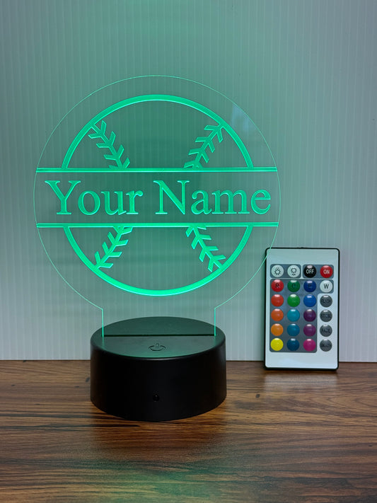 Custom Baseball LED 6"x6” Round Acrylic Table Sign. Wireless Remote Included.