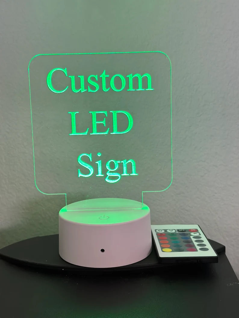 Custom LED 5” x 5” Square with Round Corners Acrylic Table Sign. Wireless Remote Included. Your Logo or Message. - Professional Artwork