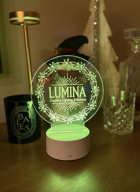 Custom LED 6"x6” Round Acrylic Table Sign. Wireless Remote Included. Your Logo or Message.