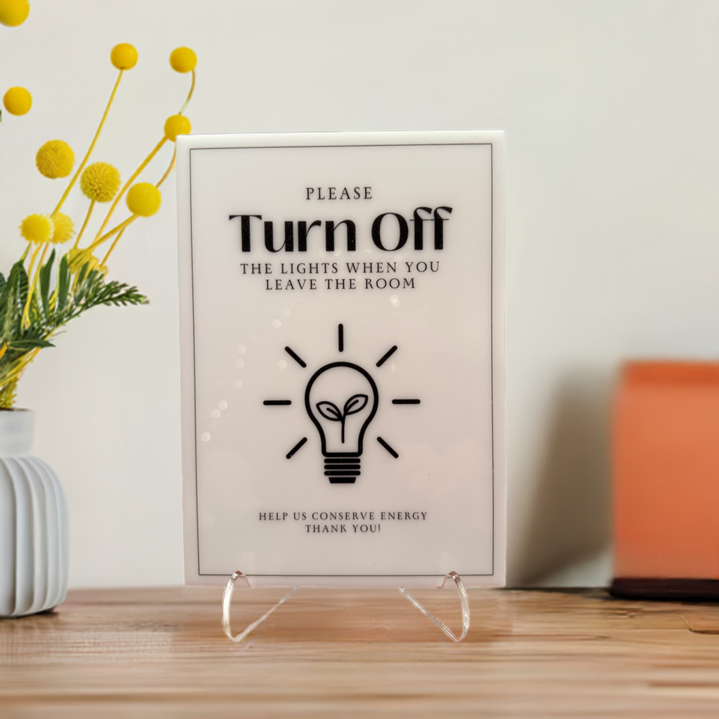 Please Turn Off The Lights - Vacation Rental House Rules Signs, 5x7 inch Acrylic Signs (Design 9) - Professional Artwork