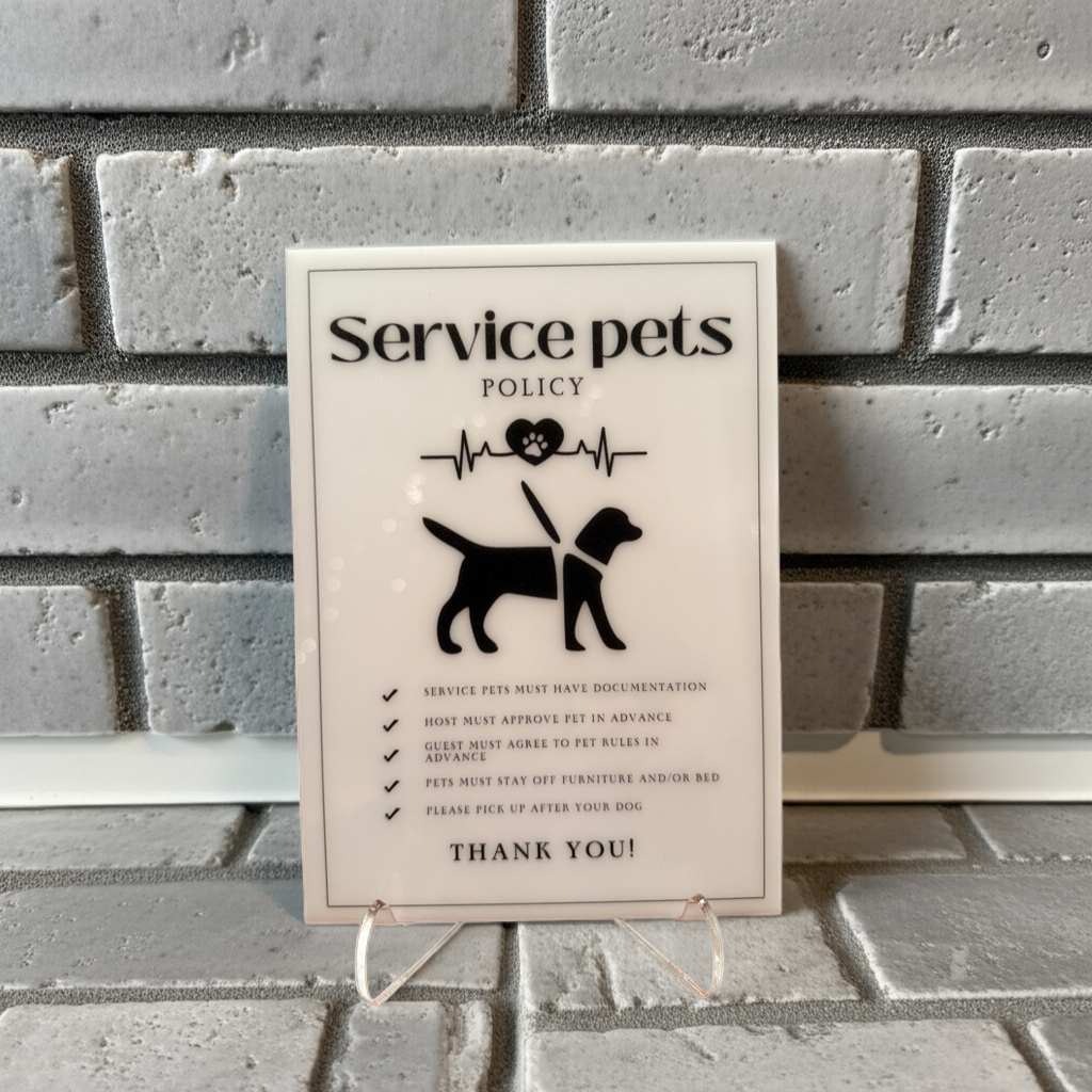 Service Pets Policy - Vacation Rental House Rules Signs, 5x7 inch Acrylic Signs (Design 19) - Professional Artwork