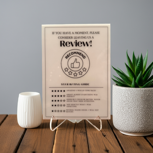 Consider Leaving Us a Review - Vacation Rental House Rules Signs, 5x7 inch Acrylic Signs (Design 27)
