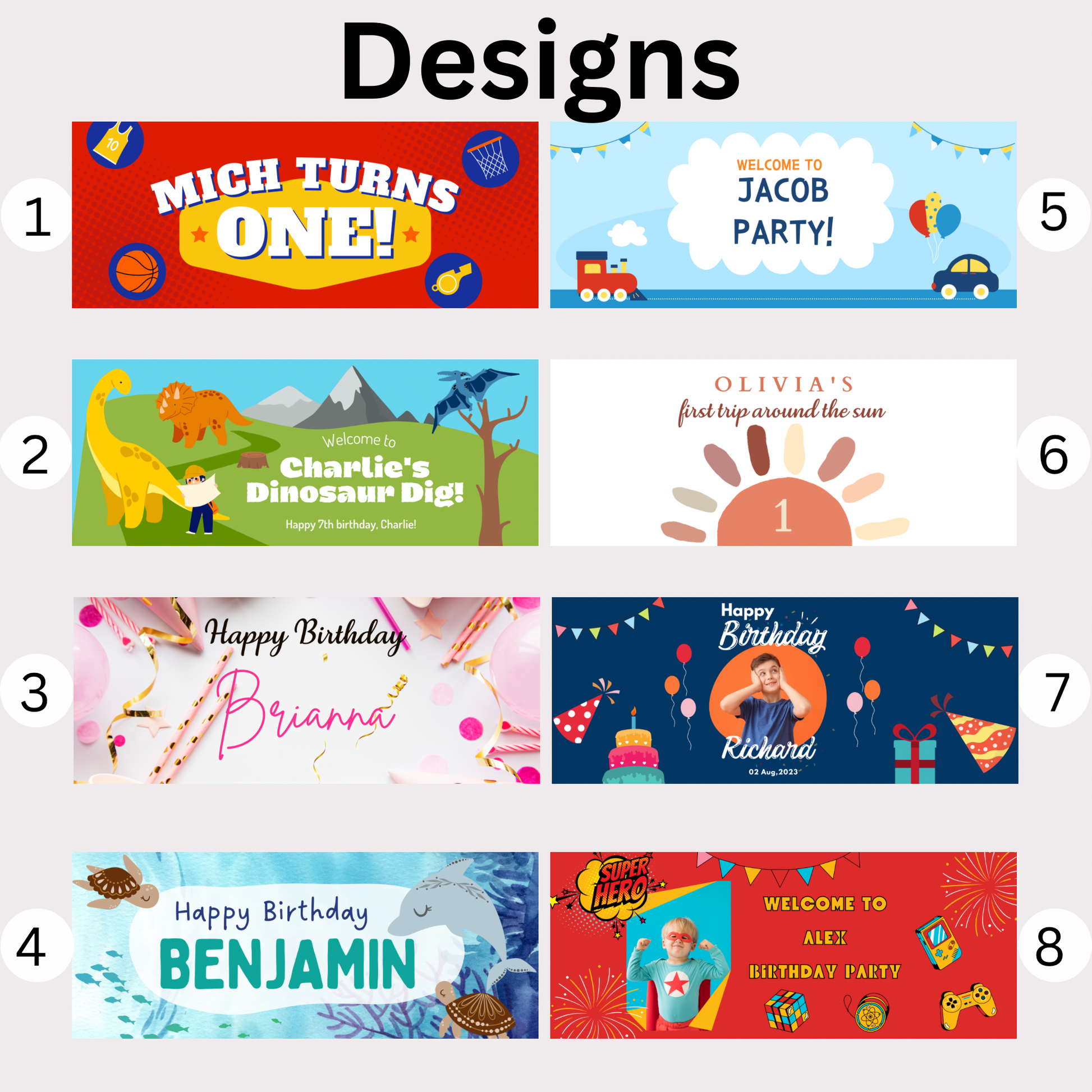 Kids Birthday Banner 60”x24”, Full Color, 8 Designs to Choose from. - Professional Artwork