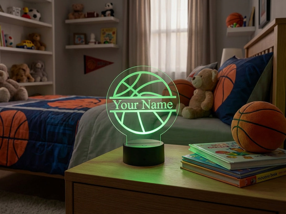 Custom Basketball LED 6"x6” Round Acrylic Table Sign. Wireless Remote Included. - Professional Artwork