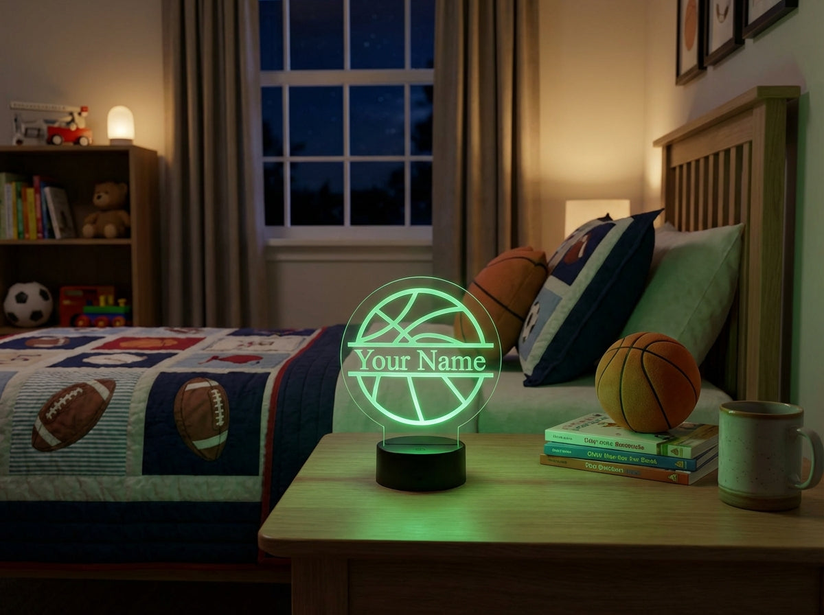 Custom Basketball LED 6"x6” Round Acrylic Table Sign. Wireless Remote Included. - Professional Artwork