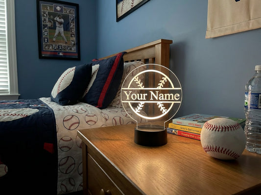 Custom Baseball LED 6"x6” Round Acrylic Table Sign. Wireless Remote Included. - Professional Artwork